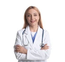 Smiling doctor with stethoscope on white background