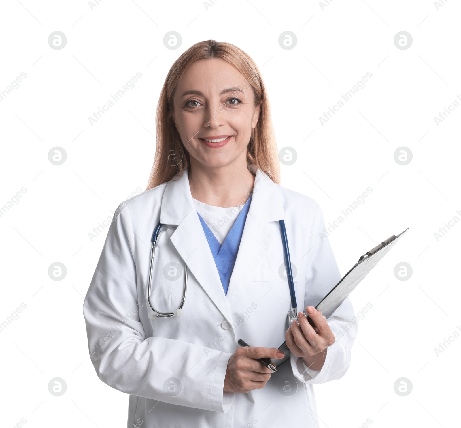 Photo of Doctor with stethoscope, clipboard and pen on white background