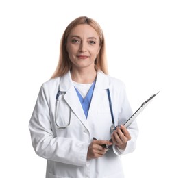 Photo of Doctor with stethoscope, clipboard and pen on white background