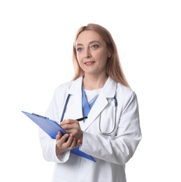 Photo of Doctor with stethoscope and clipboard writing notes on white background