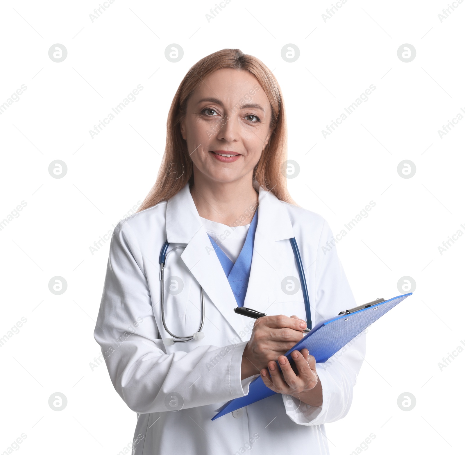 Photo of Doctor with stethoscope and clipboard writing notes on white background