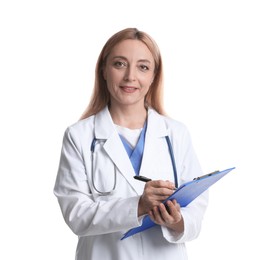 Doctor with stethoscope and clipboard writing notes on white background