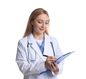 Doctor with stethoscope and clipboard writing notes on white background