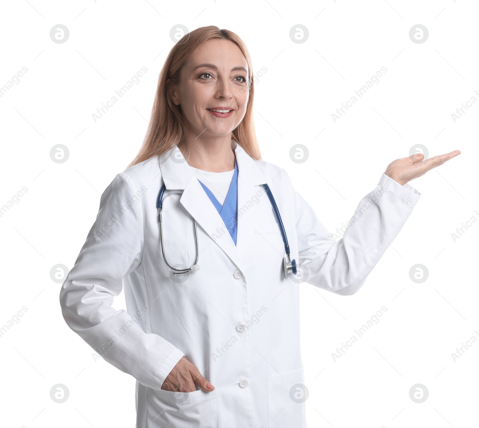 Photo of Doctor with stethoscope showing something on white background