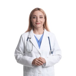 Photo of Portrait of doctor with stethoscope on white background