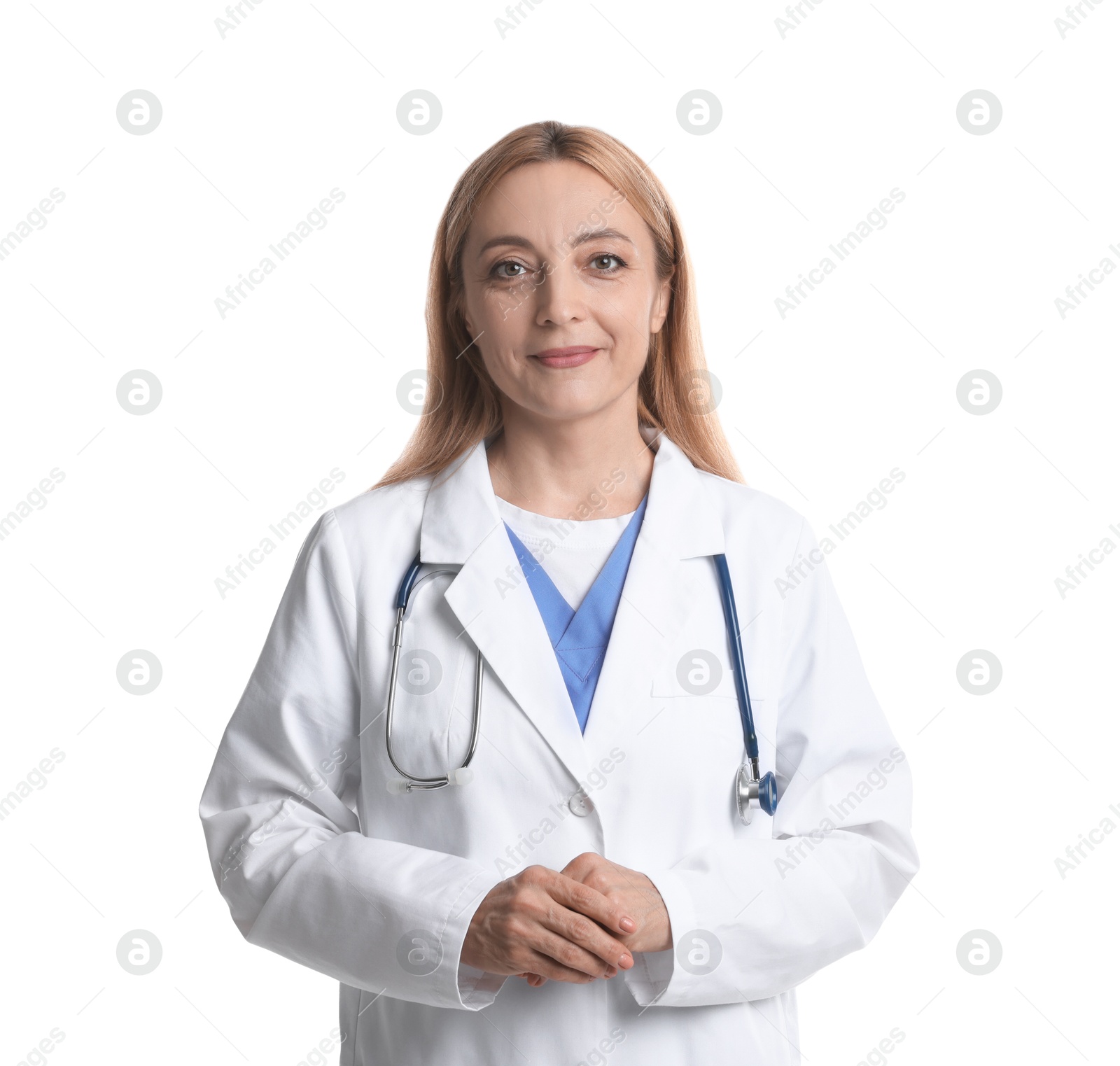 Photo of Portrait of doctor with stethoscope on white background