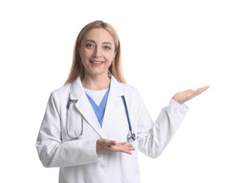 Photo of Doctor with stethoscope showing something on white background