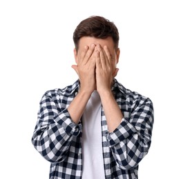 Photo of Portrait of scared young man on white background