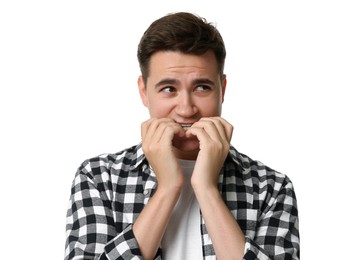 Portrait of scared young man on white background