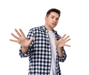 Photo of Portrait of scared young man on white background