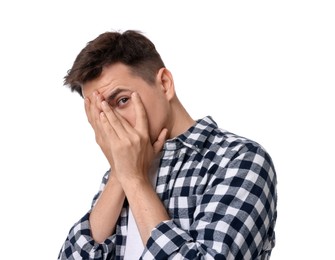 Photo of Portrait of scared young man on white background