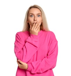 Portrait of scared woman on white background