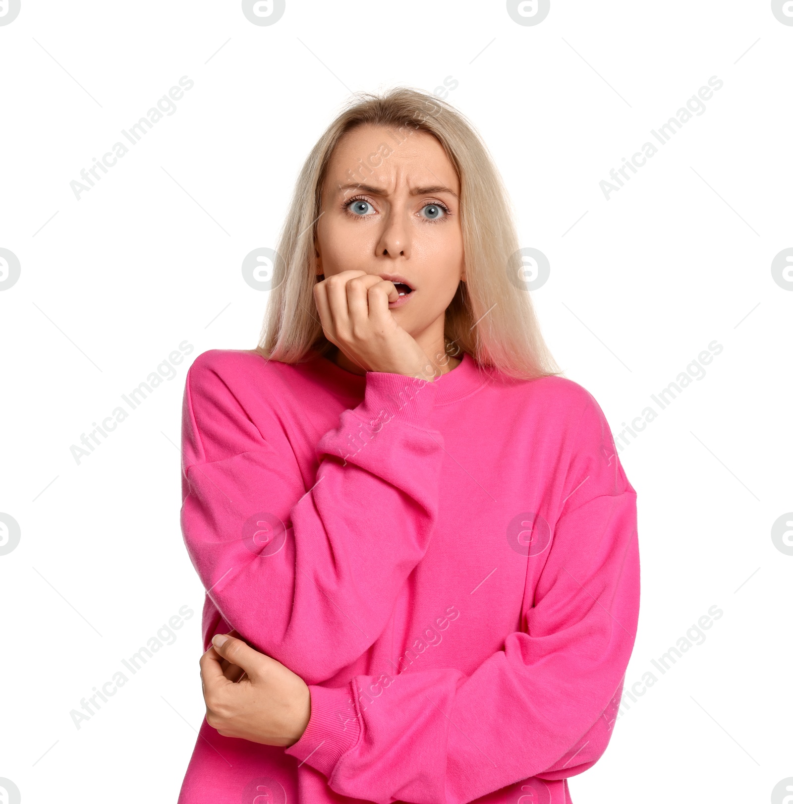 Photo of Portrait of scared woman on white background