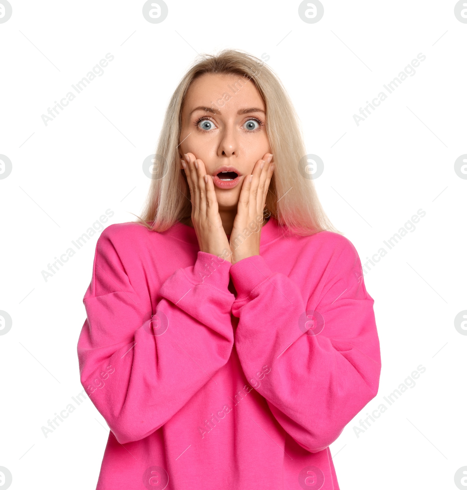 Photo of Portrait of scared woman on white background