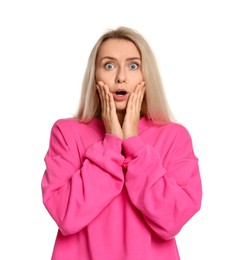 Photo of Portrait of scared woman on white background