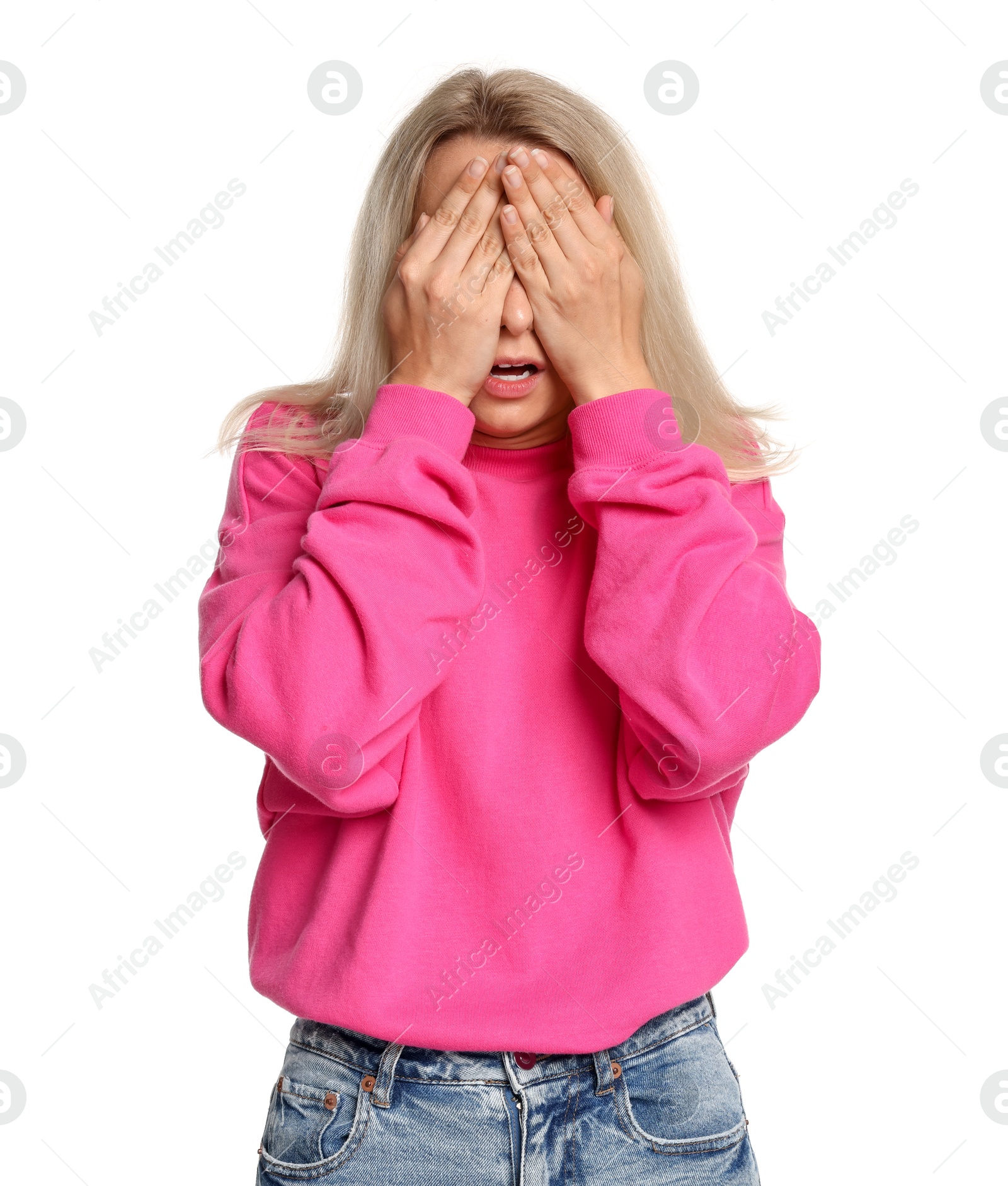 Photo of Portrait of scared woman on white background