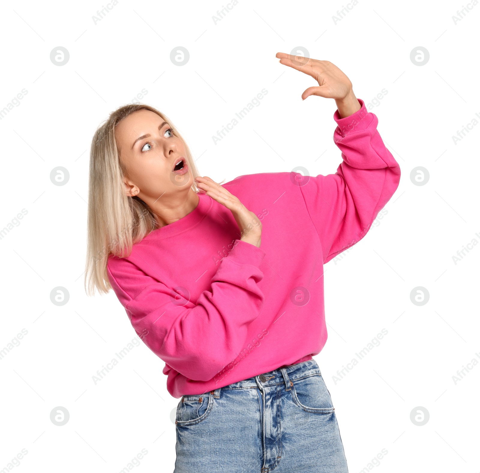 Photo of Portrait of scared woman on white background