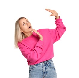 Photo of Portrait of scared woman on white background