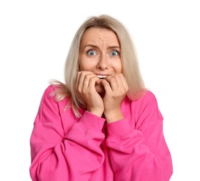 Portrait of scared woman on white background