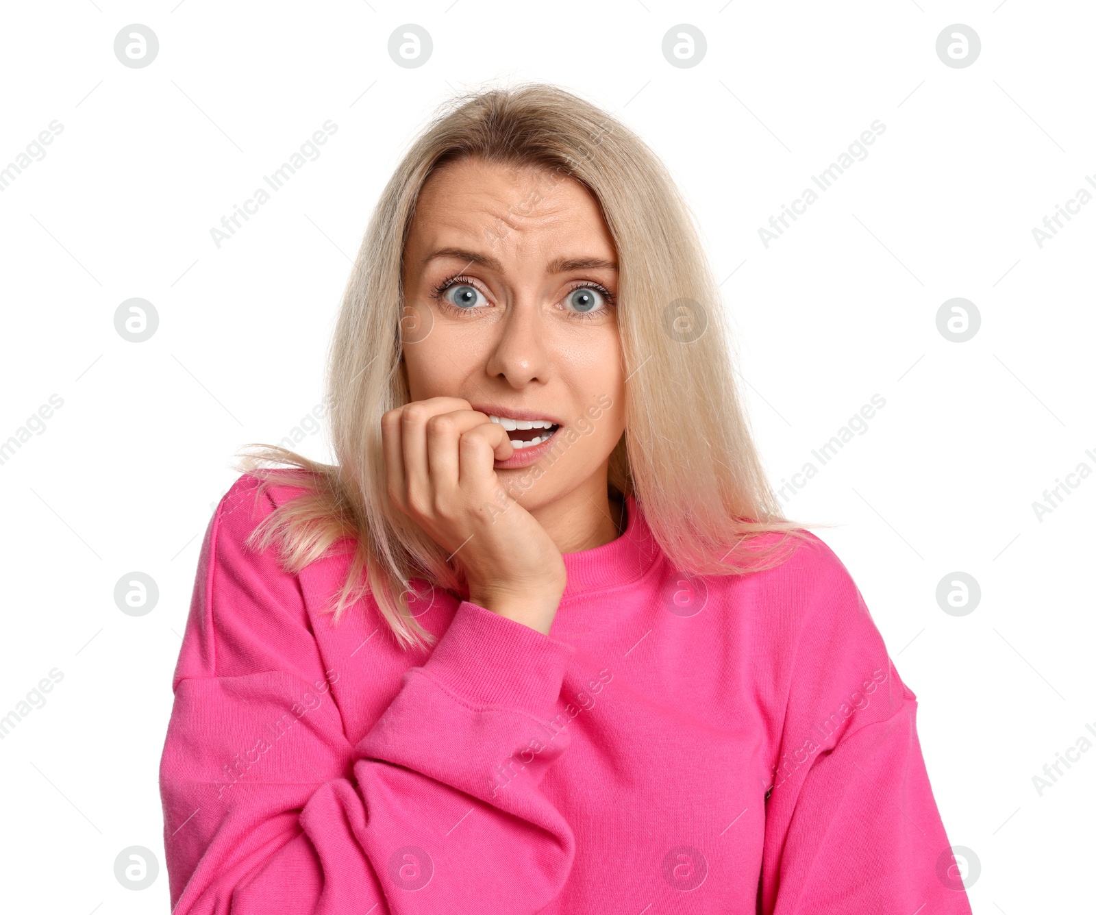 Photo of Portrait of scared woman on white background