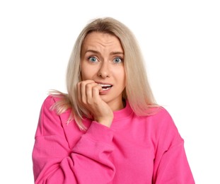 Portrait of scared woman on white background