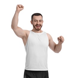 Photo of Handsome young man running on white background