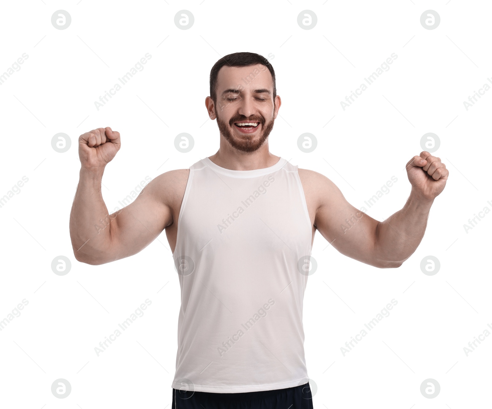 Photo of Handsome young man running on white background