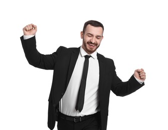 Photo of Young businessman in suit running on white background