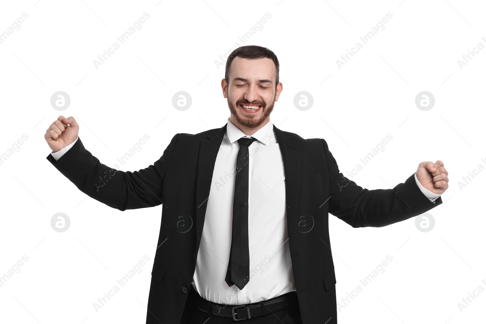 Photo of Young businessman in suit running on white background