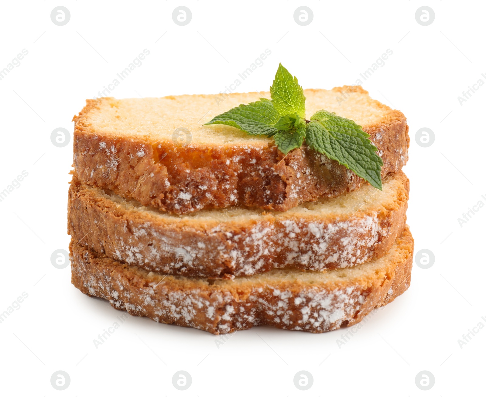 Photo of Slices of freshly baked sponge cake isolated on white