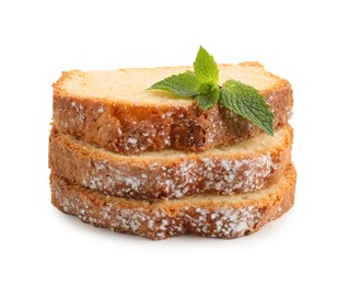 Photo of Slices of freshly baked sponge cake isolated on white