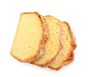 Photo of Slices of freshly baked sponge cake isolated on white, top view