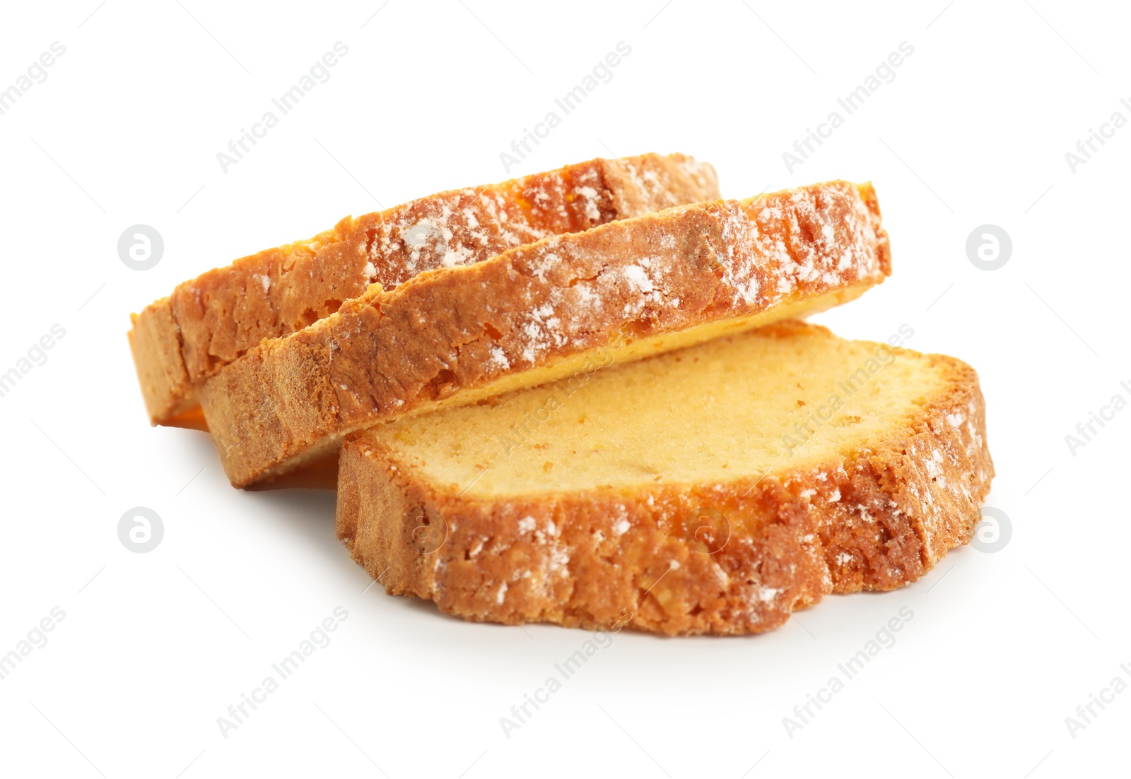 Photo of Slices of freshly baked sponge cake isolated on white