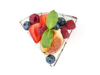 Photo of Piece of delicious chocolate sponge cake with berries isolated on white, top view