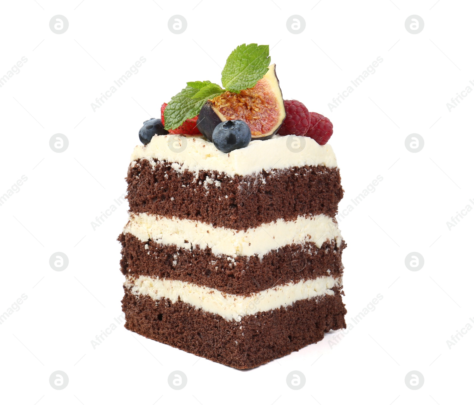 Photo of Piece of delicious chocolate sponge cake with berries isolated on white