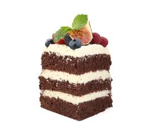 Photo of Piece of delicious chocolate sponge cake with berries isolated on white