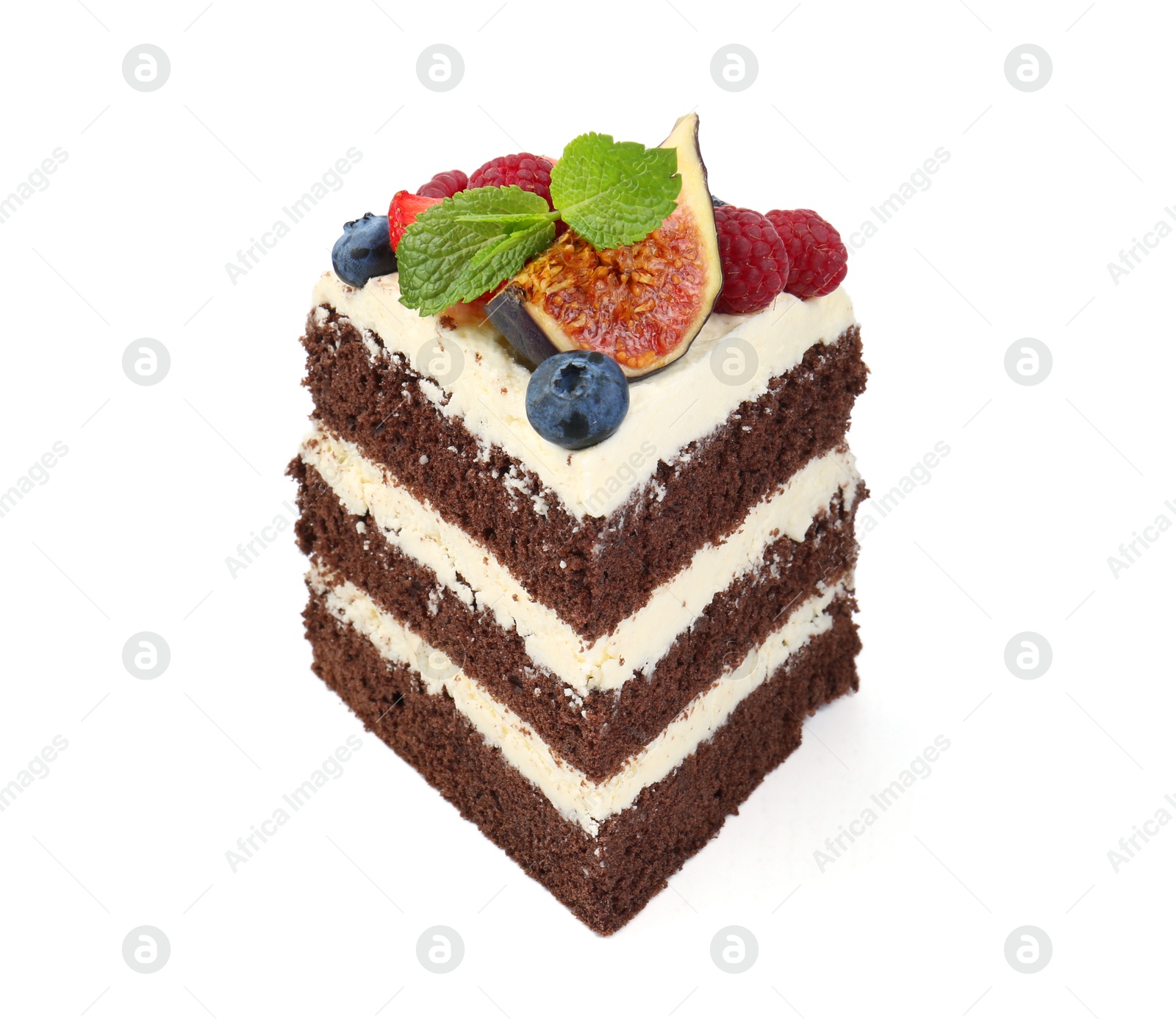 Photo of Piece of delicious chocolate sponge cake with berries isolated on white