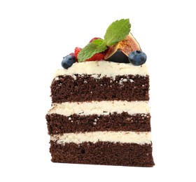 Photo of Piece of delicious chocolate sponge cake with berries isolated on white