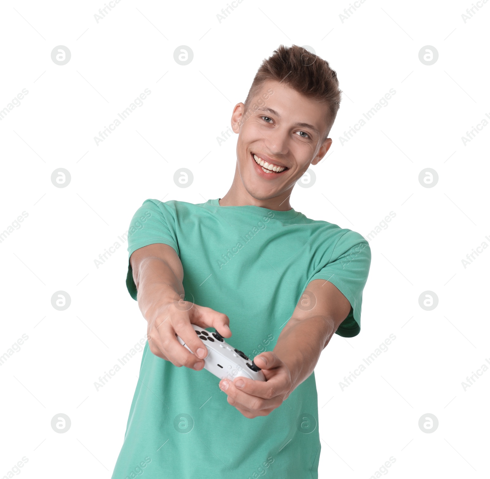 Photo of Happy young man playing video games with controller on white background