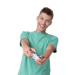 Happy young man playing video games with controller on white background