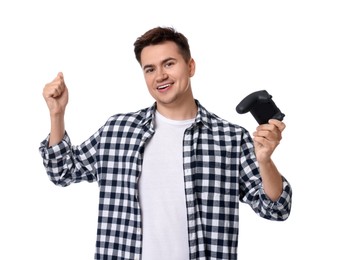 Photo of Young man with controller on white background