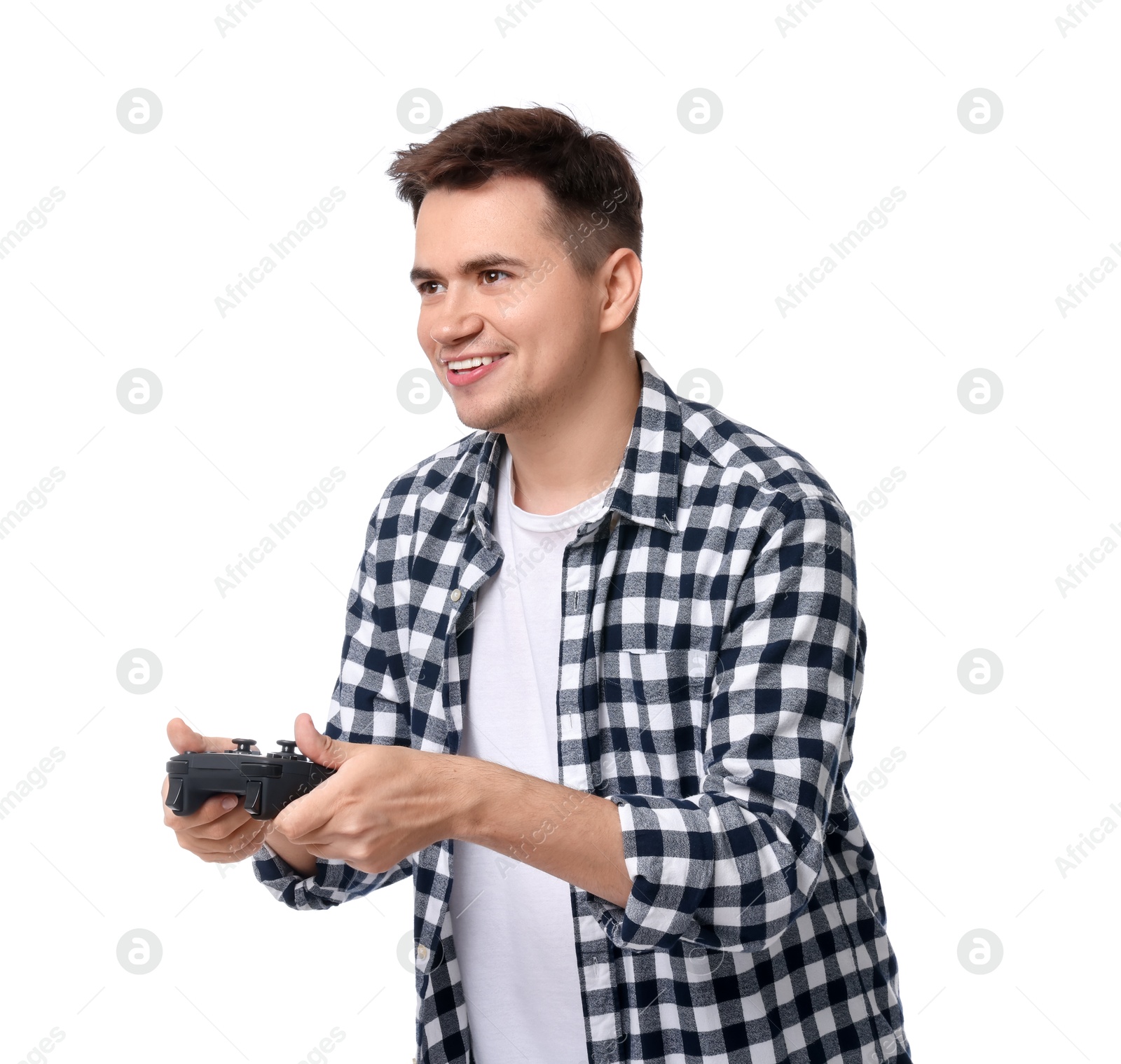 Photo of Young man playing video games with controller on white background