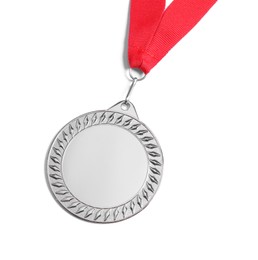 Photo of One silver medal isolated on white, top view