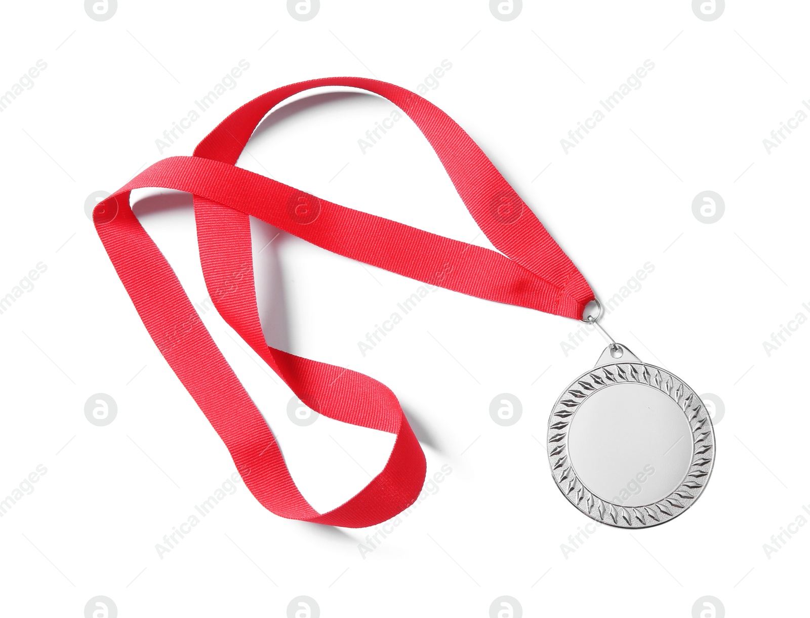 Photo of One silver medal isolated on white, top view