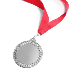 Photo of One silver medal isolated on white, above view