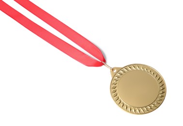 Photo of One golden medal isolated on white, above view