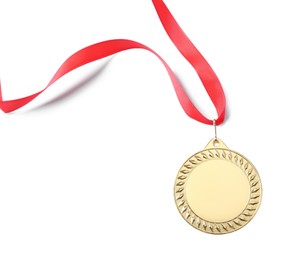 Photo of One golden medal isolated on white, top view