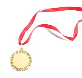 Photo of One golden medal isolated on white, top view