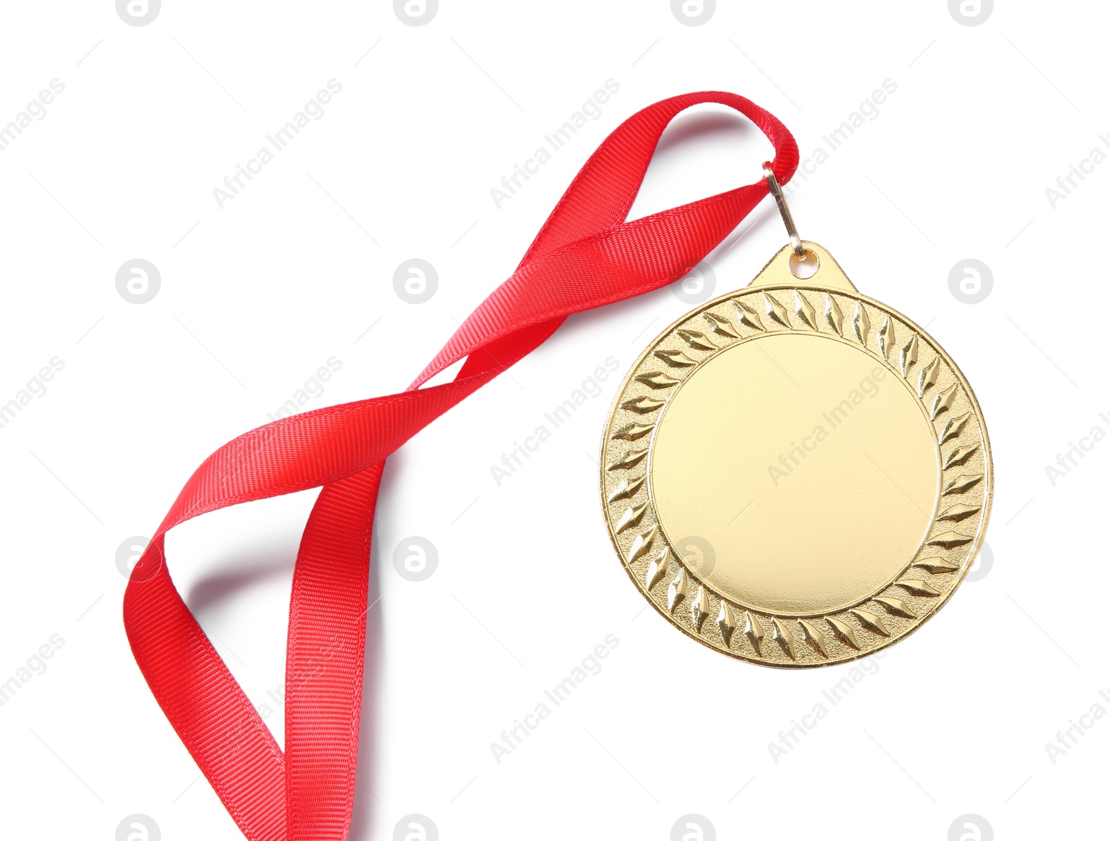 Photo of One golden medal isolated on white, top view