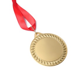 Photo of One golden medal with ribbon isolated on white